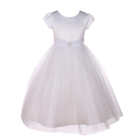 White Sparkle Brooch Accent Short Sleeve Flower Girl Dress 4-6 - SophiasStyle.com